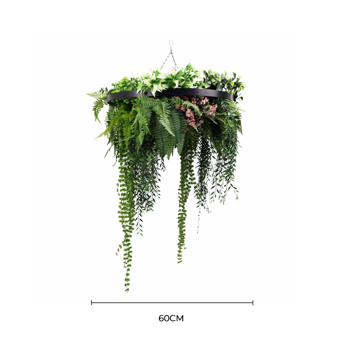 Black Artificial Hanging Plant Disc Chandelier with Trailing Foliage — 60cm UV Resistant — gallery image
