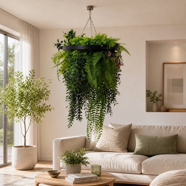 Black Artificial Hanging Plant Disc Chandelier with Trailing Foliage — 40cm UV Resistant — gallery image 6