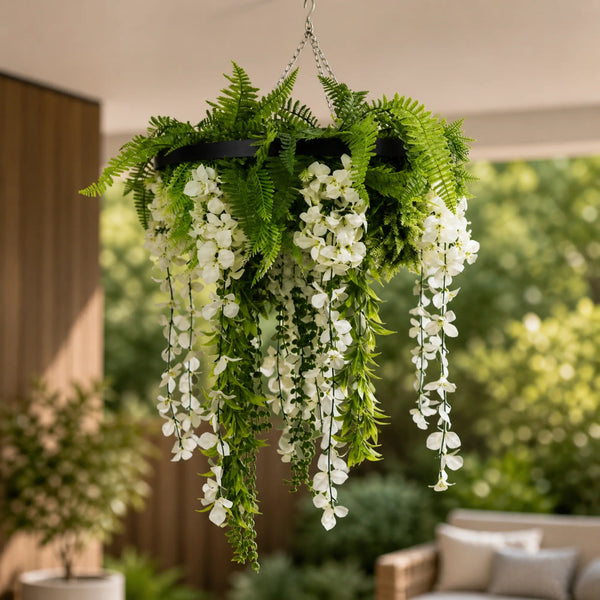Black Artificial Hanging Wisteria Disc Chandelier with Trailing Blooms — 60cm UV Resistant — gallery image 4