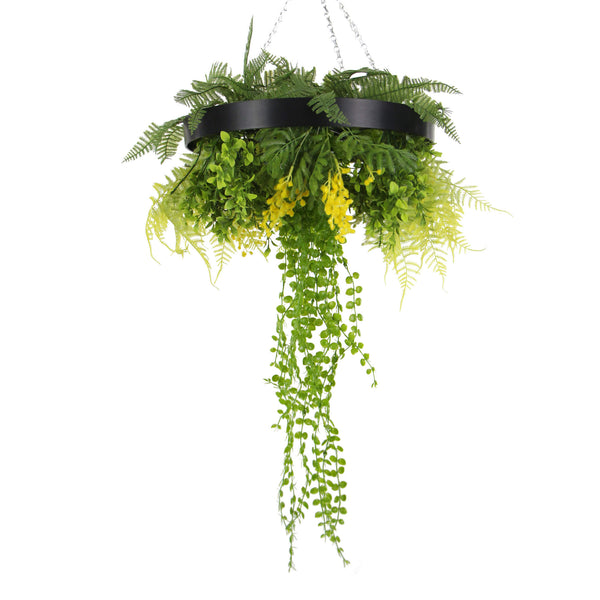 Black Artificial Hanging Plant Disc Chandelier with Dense Trailing Greenery — 40cm — gallery image 6