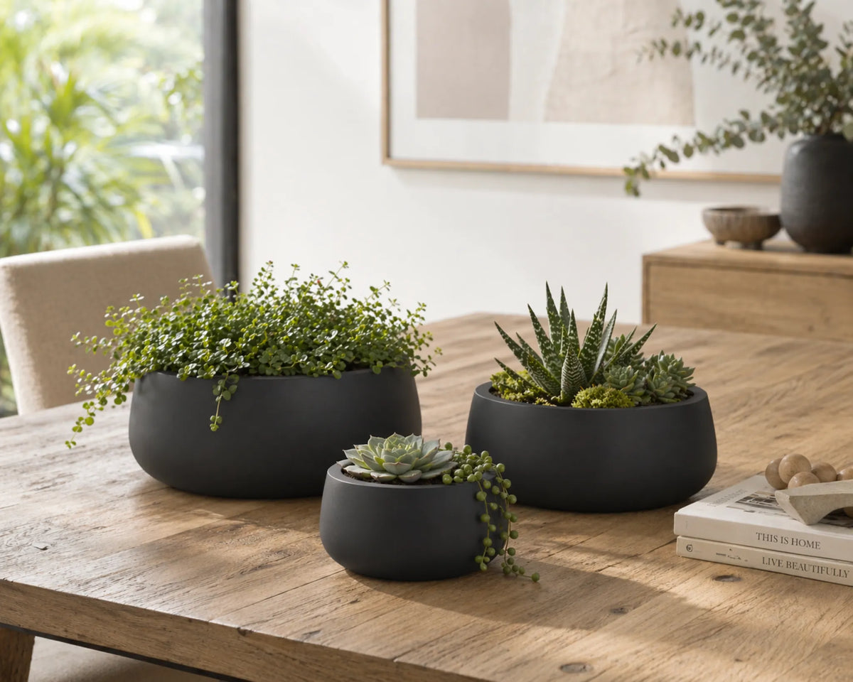Luxury Soft Tapered Bowl Planter Set of 4 | Matt Black, White & Grey | Premium Pot Range — gallery image