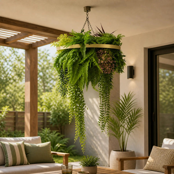 Gold Artificial Hanging Plant Disc Chandelier with Trailing Tropical Foliage — 60cm UV Resistant — gallery image 5