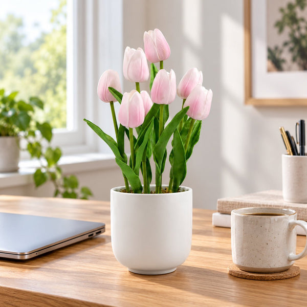 Flowering Pink Artificial Tulip Plant Arrangement With Ceramic Bowl 35cm — gallery image 12