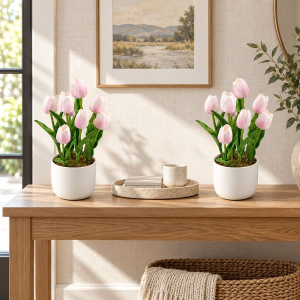 Flowering Pink Artificial Tulip Plant Arrangement With Ceramic Bowl 35cm — gallery image 11