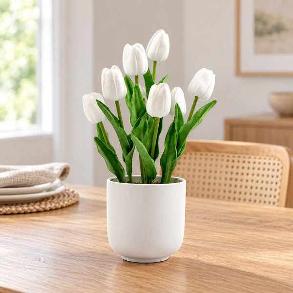 Flowering White Artificial Tulip Plant Arrangement With Ceramic Bowl 35cm — gallery image 8