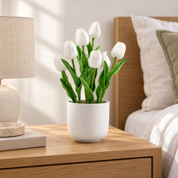 Flowering White Artificial Tulip Plant Arrangement With Ceramic Bowl 35cm — gallery image 9