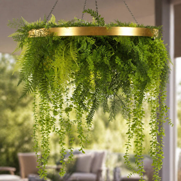 Gold Artificial Hanging Plant Disc Chandelier with Realistic Trailing Foliage — 80cm Limited Edition UV Resistant — gallery image 13