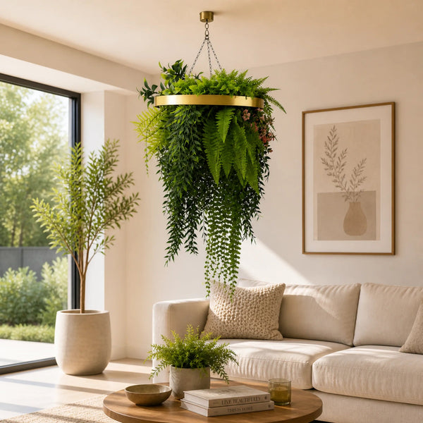 Gold Artificial Hanging Plant Disc Chandelier with Trailing Foliage — 40cm UV Resistant — gallery image 4