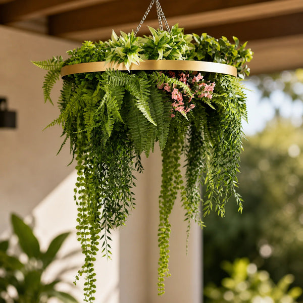 Gold Artificial Hanging Plant Disc Chandelier with Trailing Foliage — 60cm UV Resistant — gallery image 3