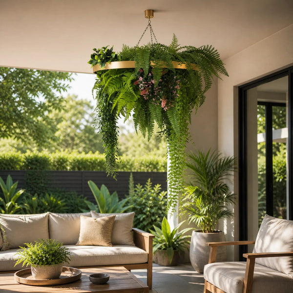 Gold Hanging Disc Green Wall Chandelier with Lifelike Trailing Foliage — 60cm UV Resistant — gallery image 5