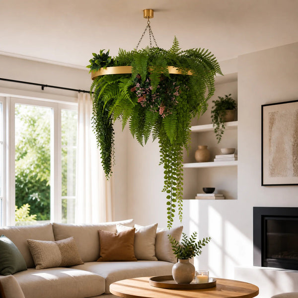 Gold Hanging Disc Green Wall Chandelier with Lifelike Trailing Foliage — 60cm UV Resistant — gallery image 4