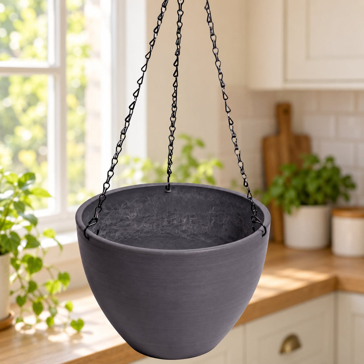 Hanging Grey Plastic Pot with Chain 30cm — gallery image