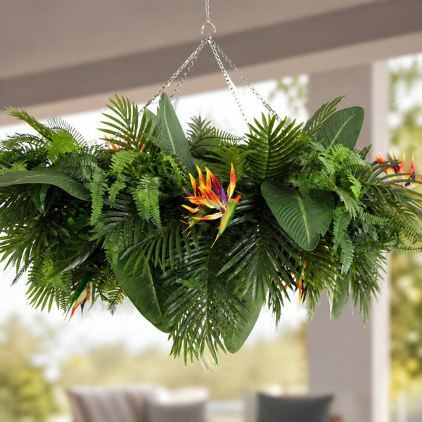Premium Artificial Hanging Plant Disc Chandelier with Bird of Paradise Flowers & Fern Foliage — 100cm x 30cm — gallery image 23
