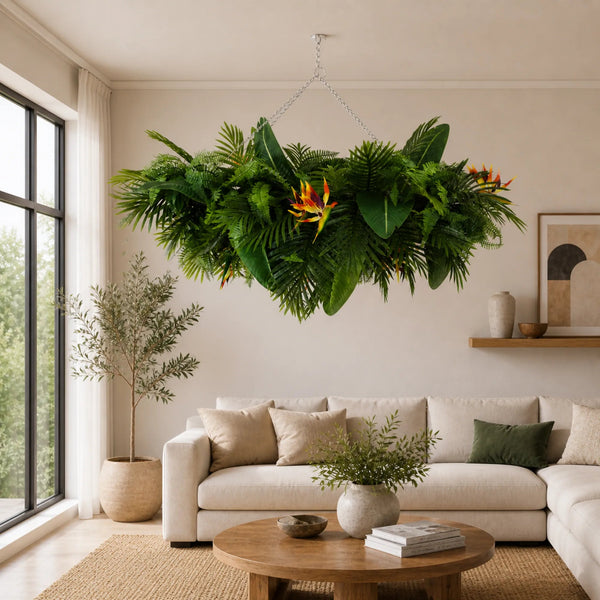 Premium Artificial Hanging Plant Disc Chandelier with Bird of Paradise Flowers & Fern Foliage — 100cm x 30cm — gallery image 25
