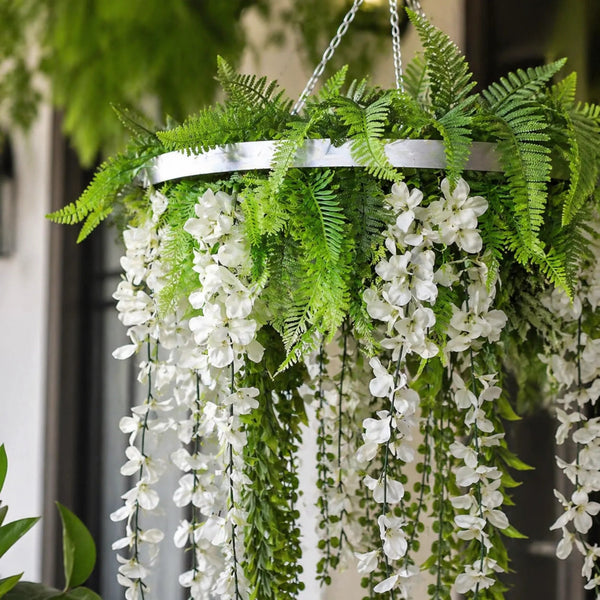 Silver Artificial Hanging Wisteria Disc Chandelier with Trailing Blooms — 60cm UV Resistant — gallery image 3