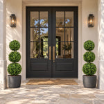 Pair of artificial three ball topiary trees in decorative entrance planters