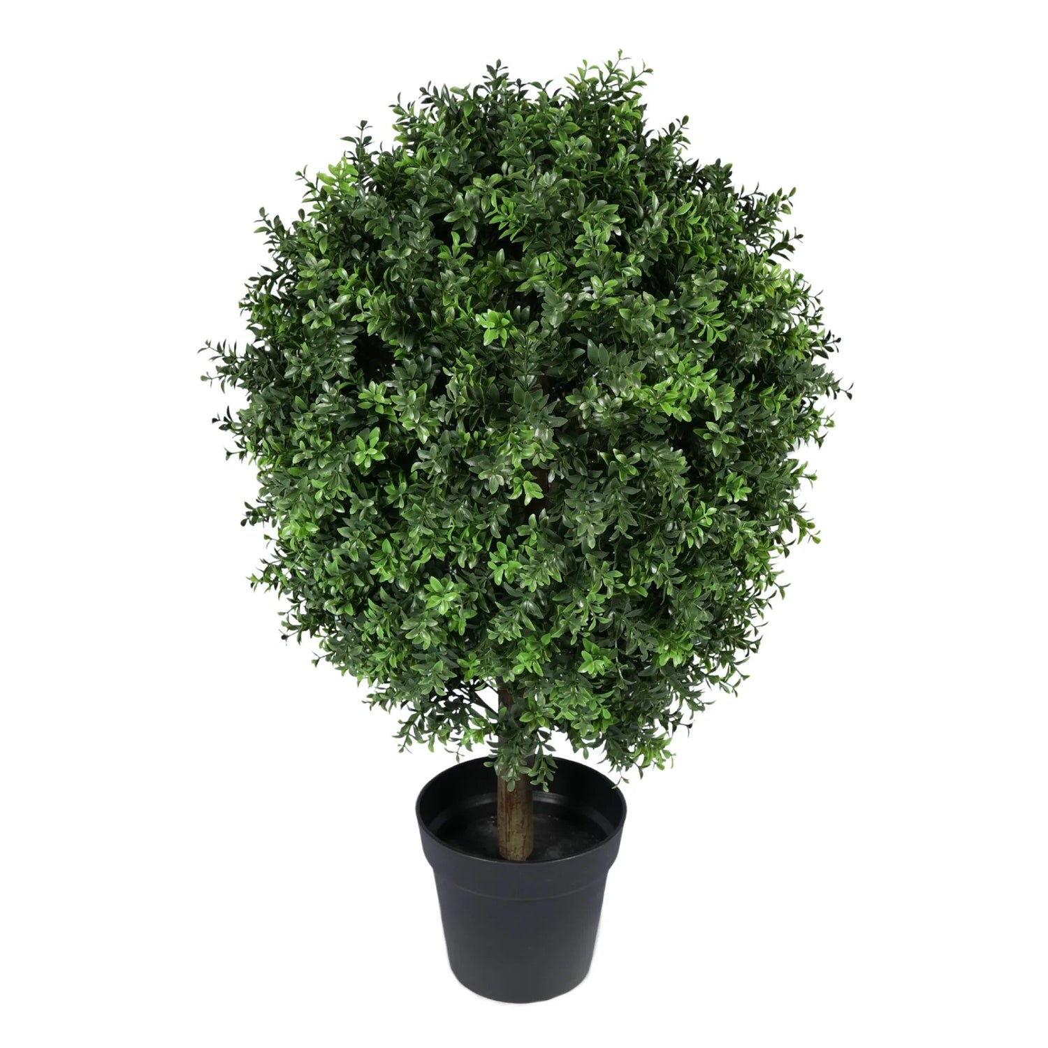Potted artificial tree with green leaves on a white background