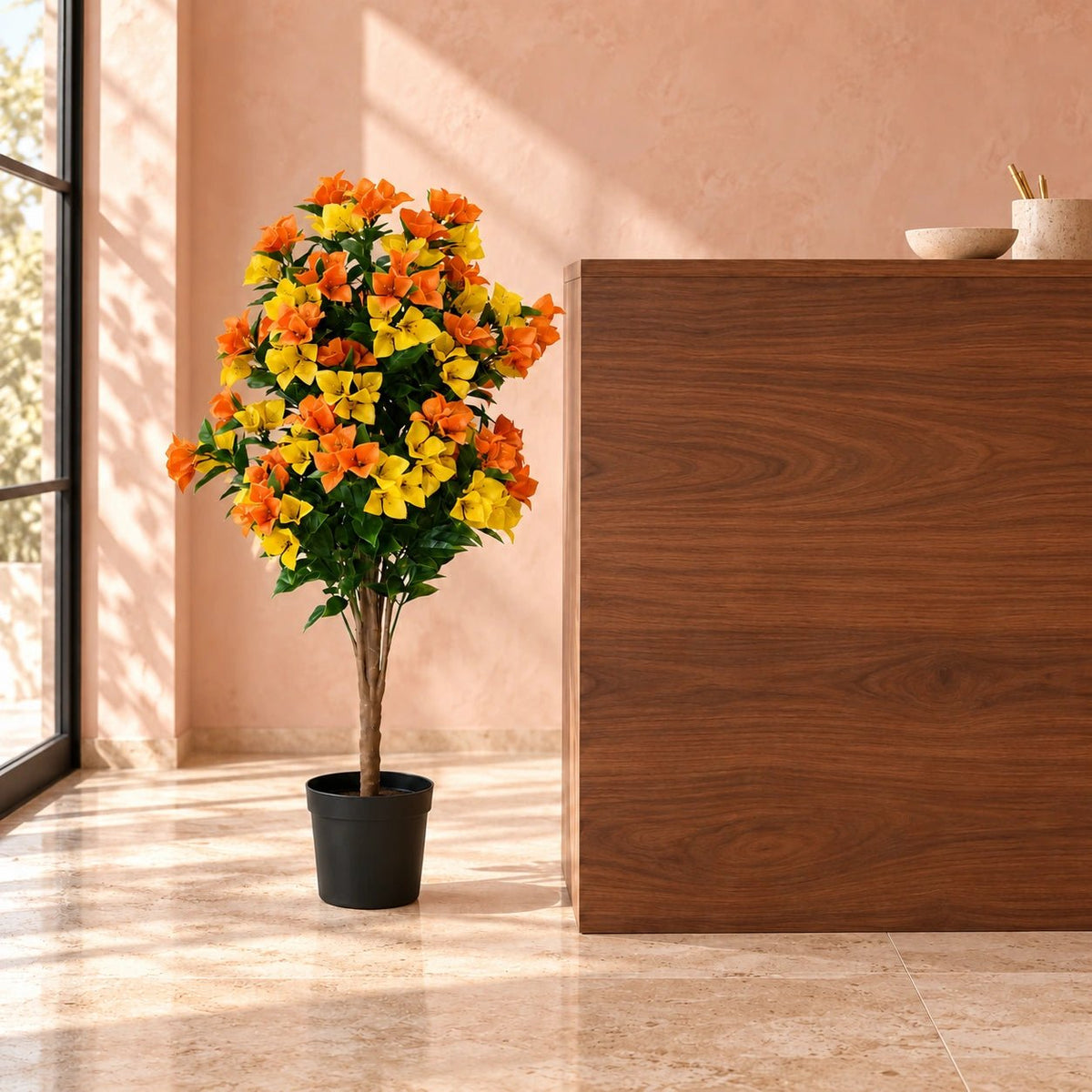 90cm UV Resistant Artificial Bougainvillea Tree | Yellow & Orange Faux Flowering Plant for Outdoor & Indoor - Designer Vertical Gardens Articial Trees Artificial Plants