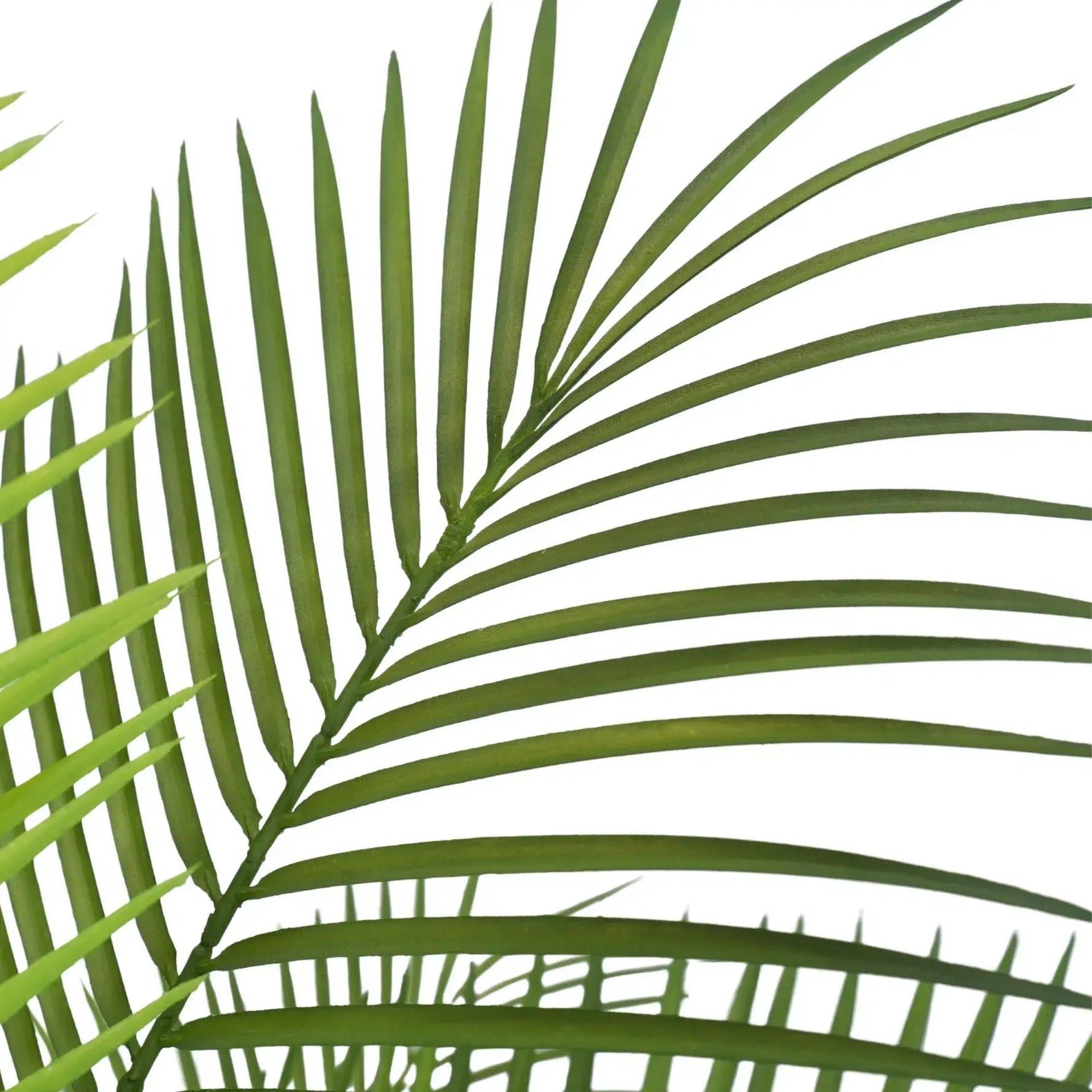 Close-up of realistic artificial Areca palm fronds showing detailed tropical leaf texture and natural green colouring.