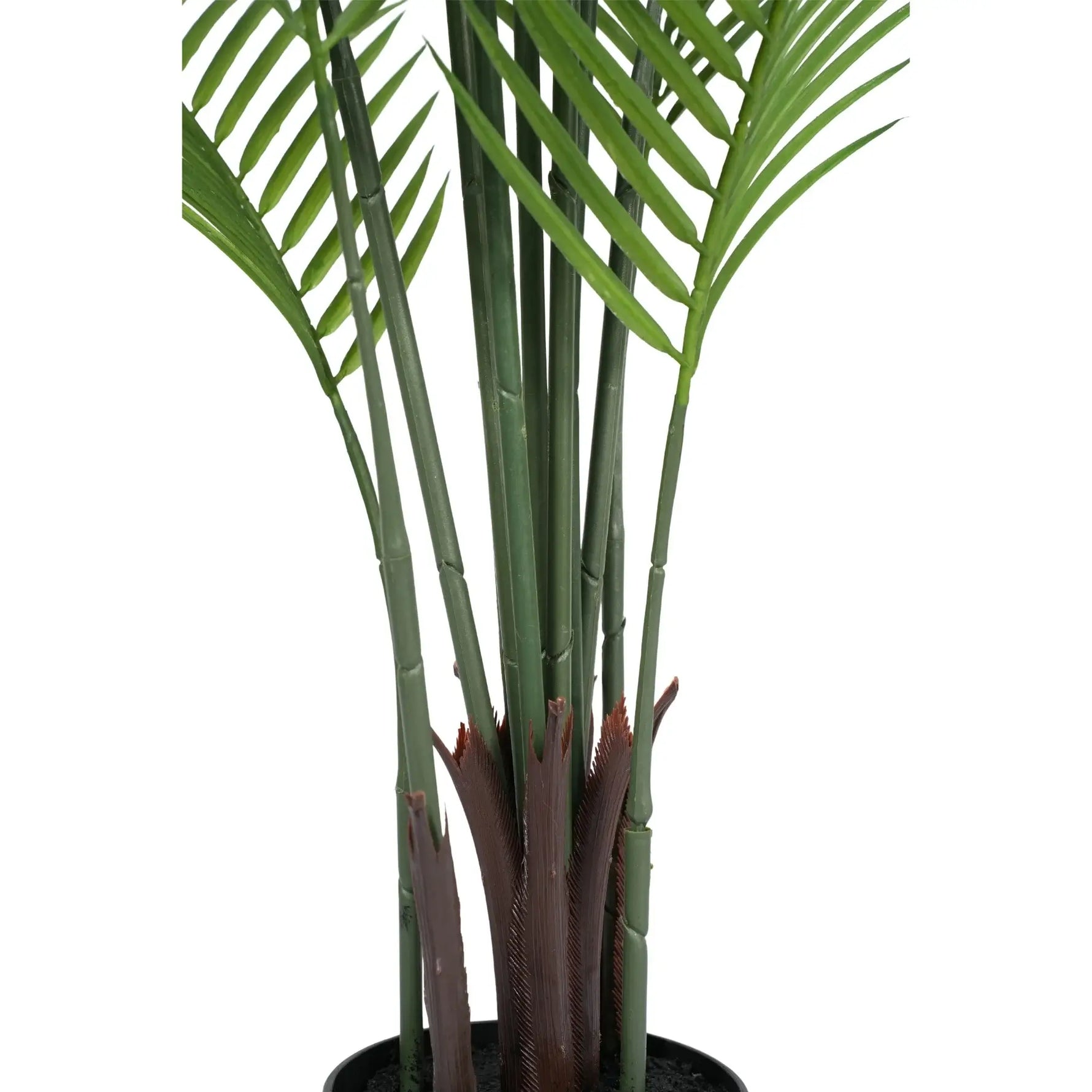 Close-up of the Artificial Areca Palm Tree 120cm featuring realistic green stems, textured trunk detailing, and black starter pot.