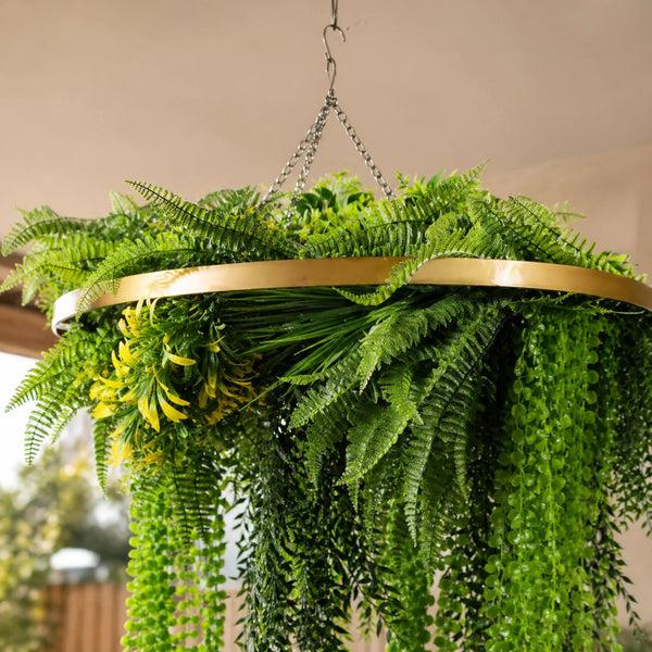 Gold Artificial Hanging Plant Disc Chandelier with Trailing Fern Foliage — 80cm UV Resistant — gallery image 6