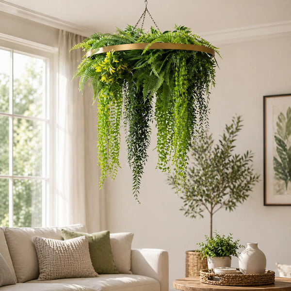 Gold Artificial Hanging Plant Disc Chandelier with Trailing Fern Foliage — 80cm UV Resistant — gallery image 5