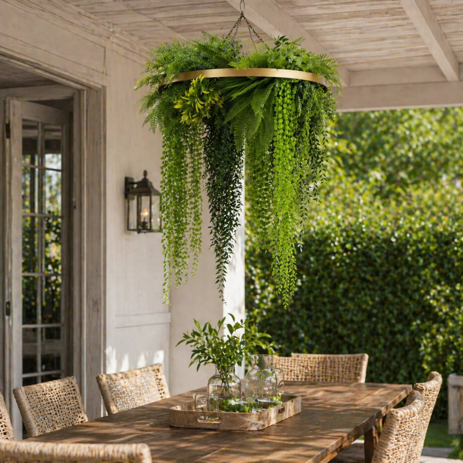 Hanging green plant chandelier above a wooden dining table outdoors.