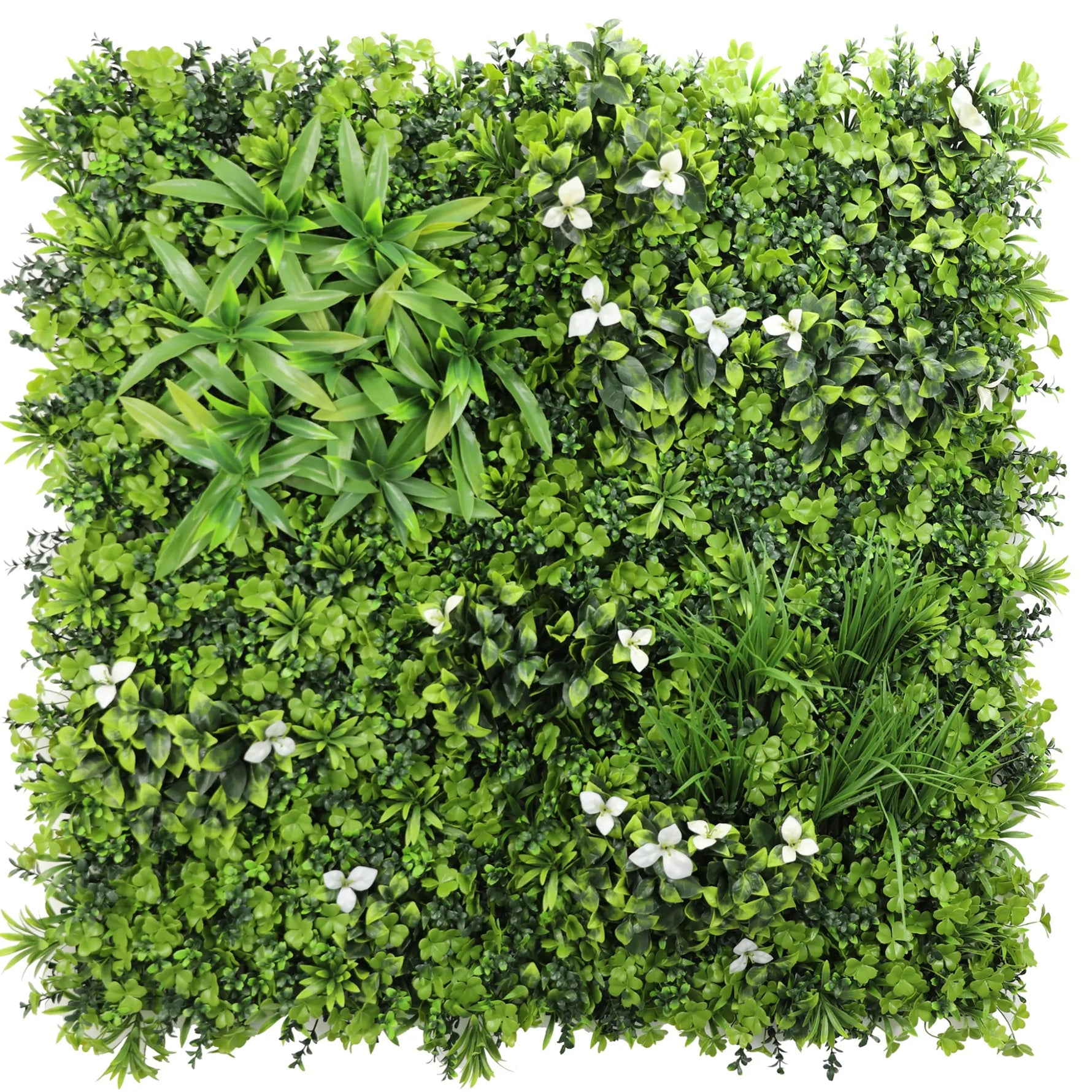 Group 1 Fire Certified Luxury White Lily artificial vertical garden green wall panel 1m x 1m featuring realistic UV-resistant foliage with white lily flowers and mixed greenery.