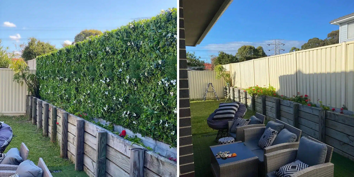 Group 1 Fire Certified Luxury White Lily artificial green wall installed along a residential fence, creating a lush UV-resistant privacy screen.