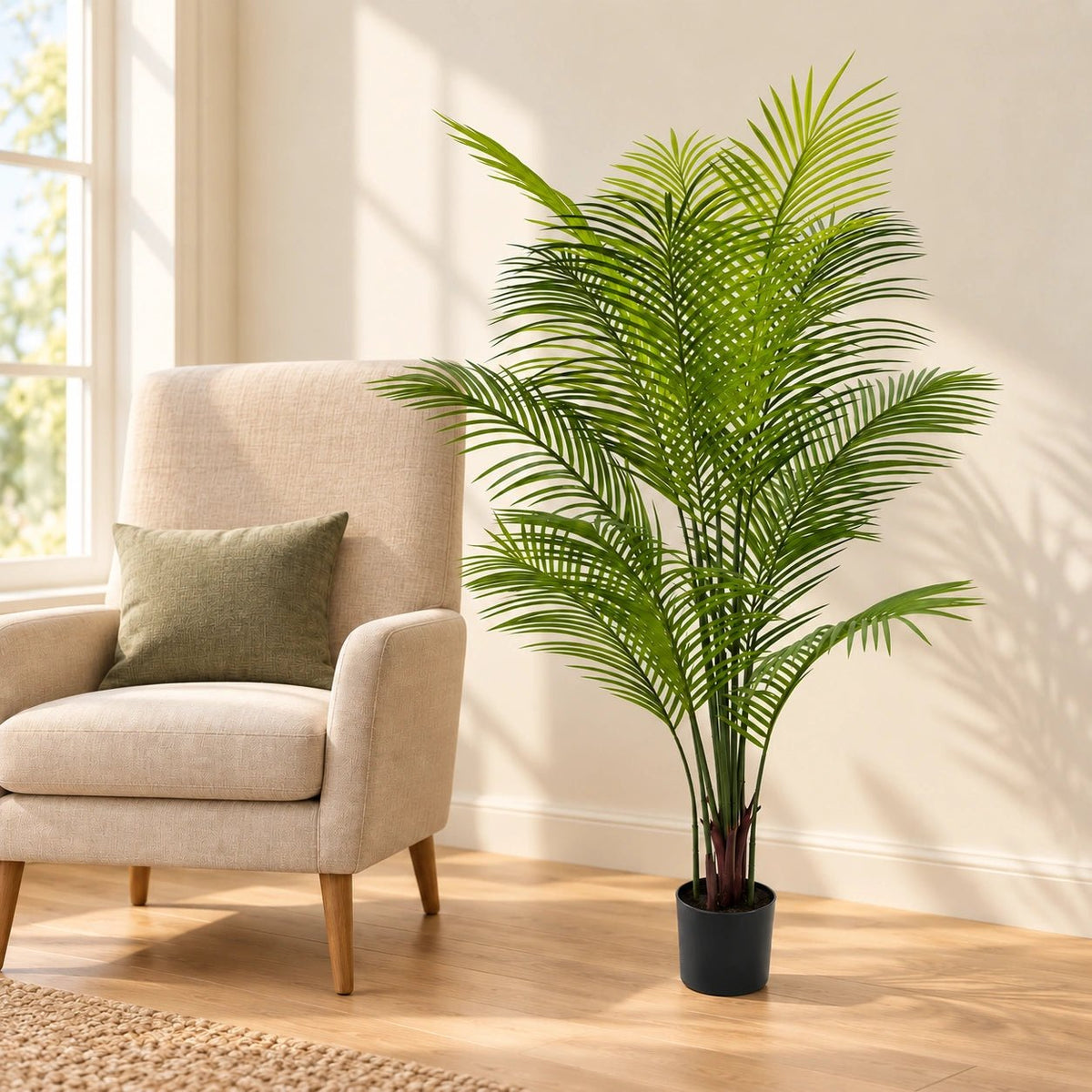 A tall artificial palm plant in a black pot placed next to a beige armchair in a bright room with a window, wood floor, and cream wall.