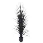 Potted artificial plant with long, dark green leaves on a white background