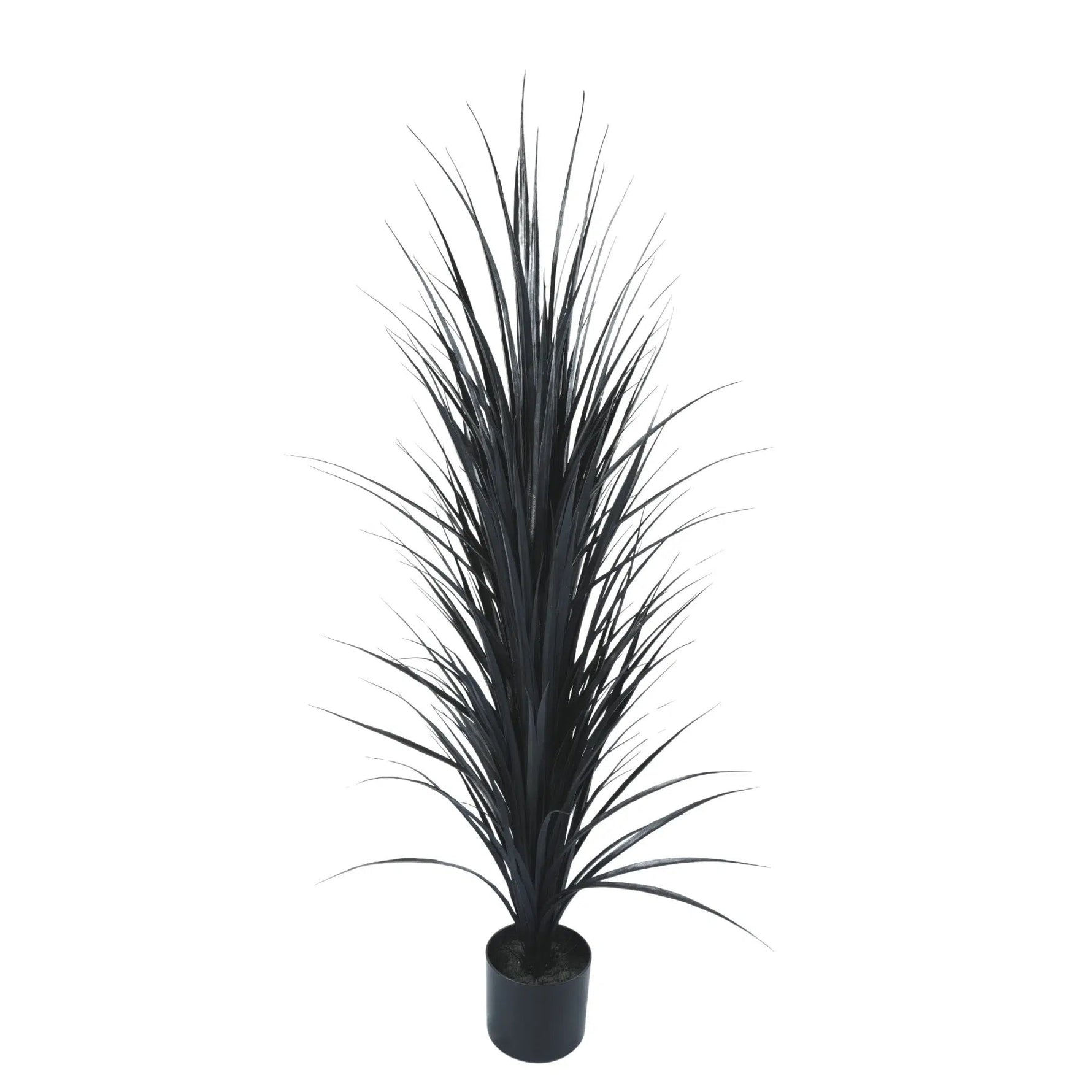 Potted artificial plant with long, dark green leaves on a white background