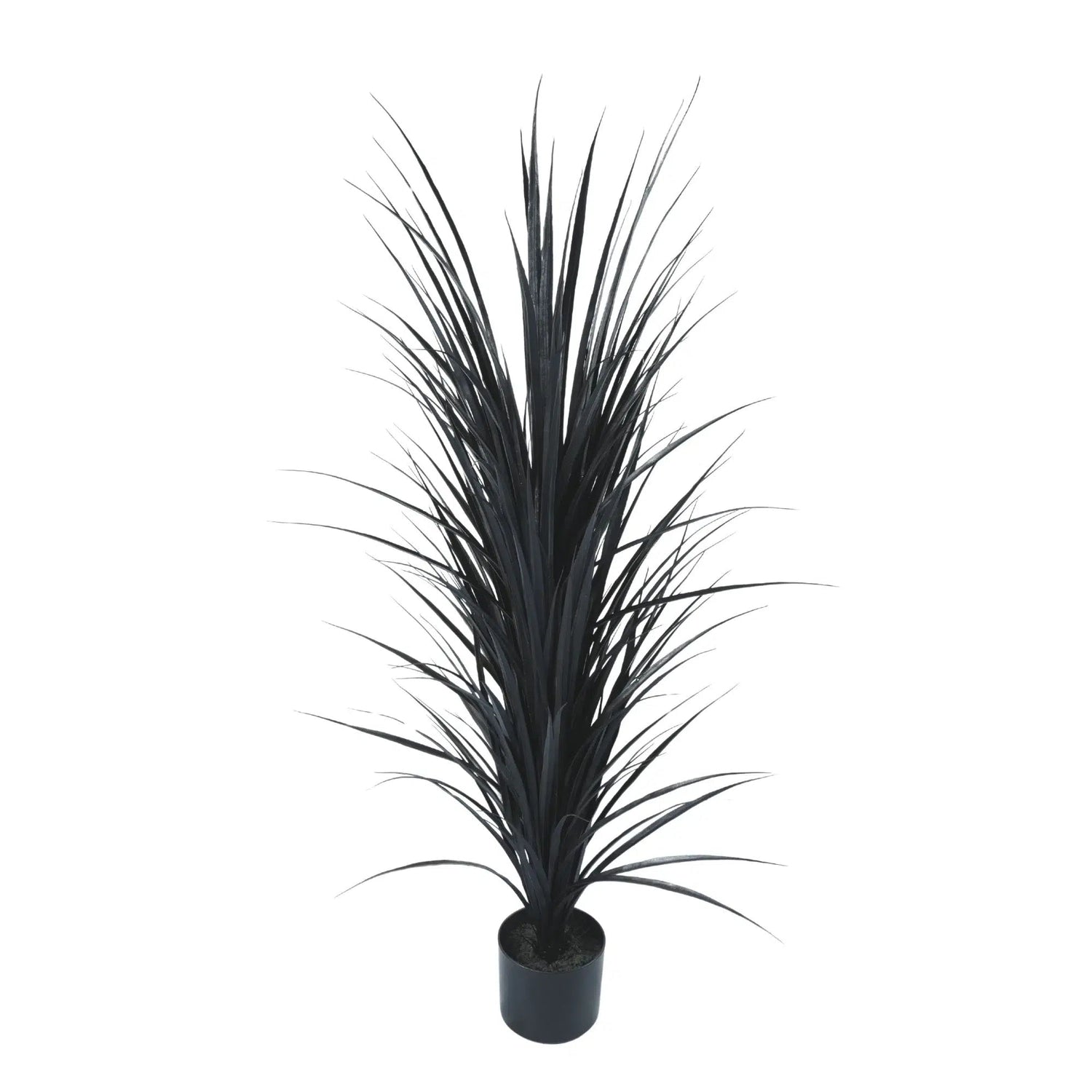 Artificial potted plant with long black leaves on a white background
