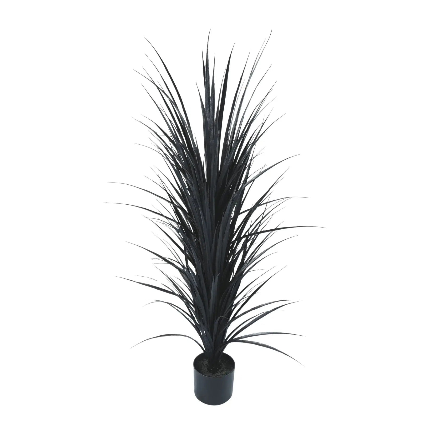 Artificial potted plant with long black leaves on a white background