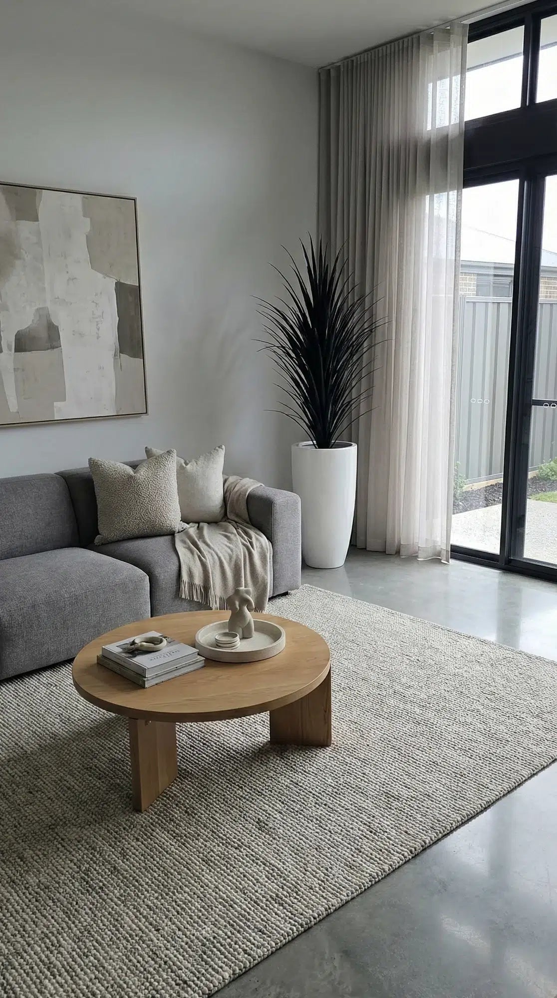 Modern living room with gray sofa, wooden coffee table, and large window.