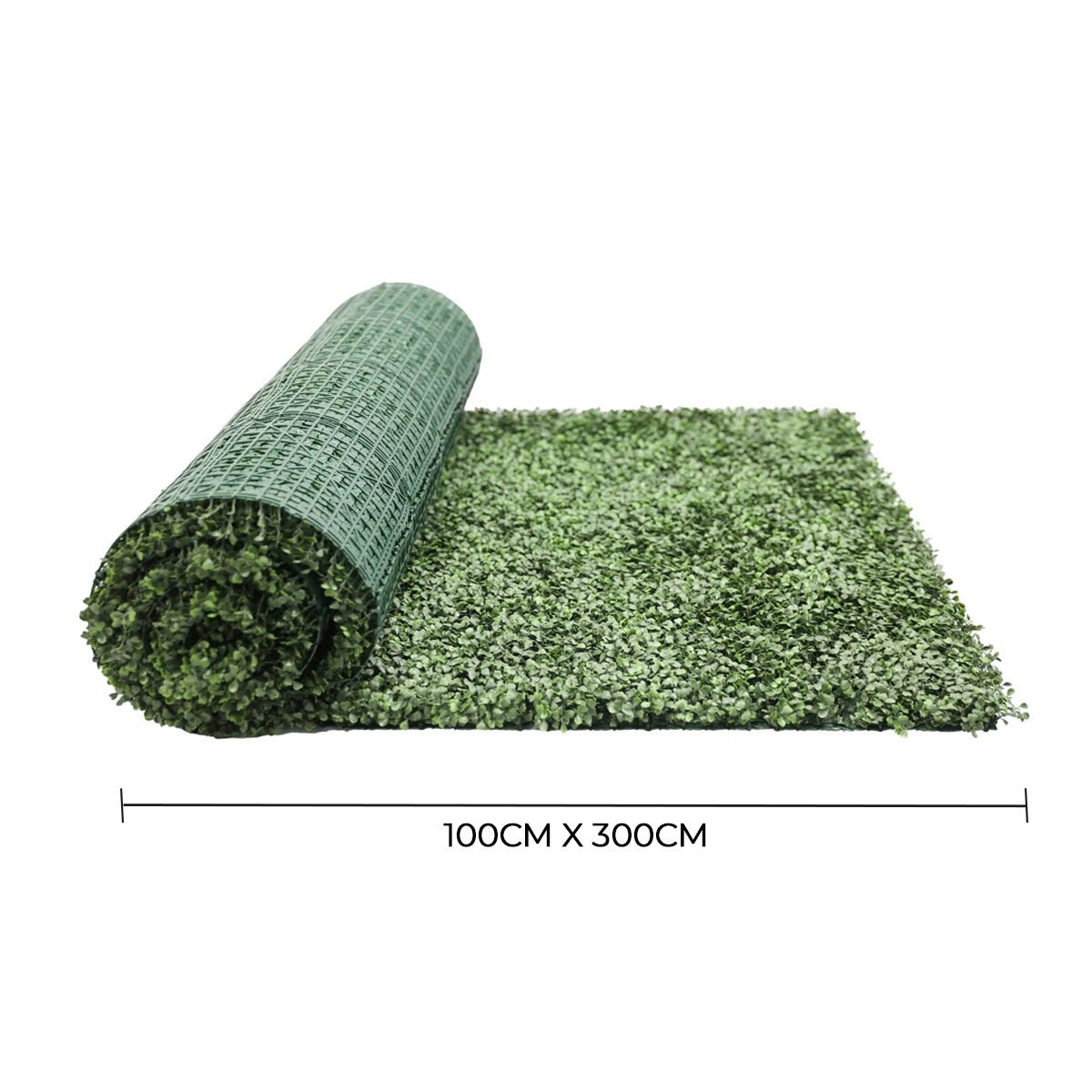 Roll of artificial grass with dimensions displayed on a white background