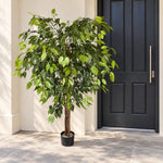 A potted artificial leafy tree with green foliage and a brown trunk, placed on a tiled porch next to a dark gray front door.