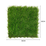 Square piece of artificial grass with dimensions indicated on a white background