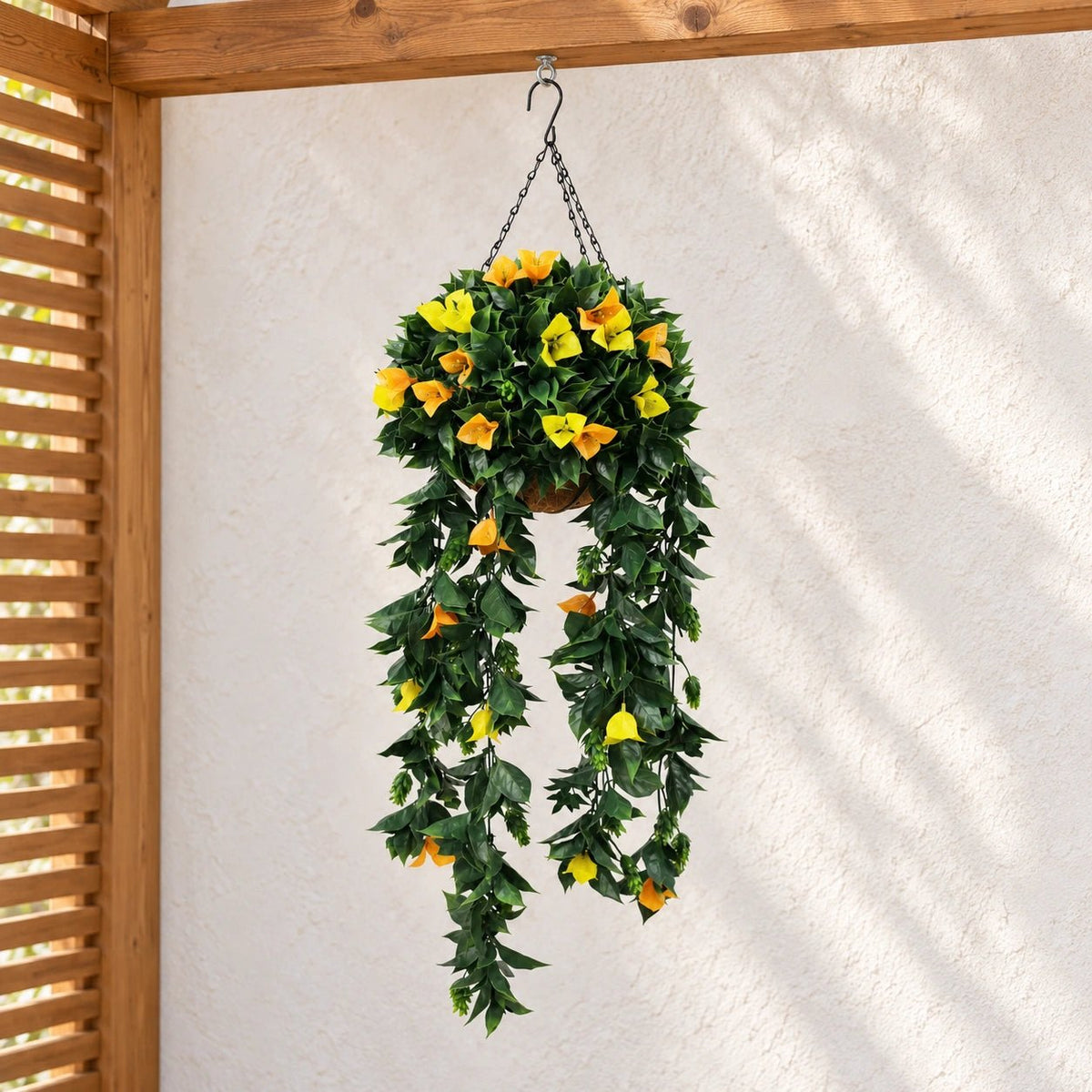 Artificial Hanging Basket Orange and Yellow Bouganvillea 30cm x 80cm Long UV Resistant - Designer Vertical Gardens artificial hanging ferns Hanging plant garland