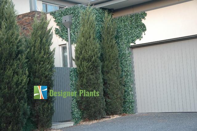 Decorative green wall with artificial plants in front of a building