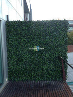 Artificial green wall on a wooden deck with a building in the background