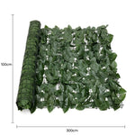 Roll of artificial green leaves with dimensions displayed on a white background