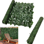Artificial green leafy screen with rolls and a setup example on a white background