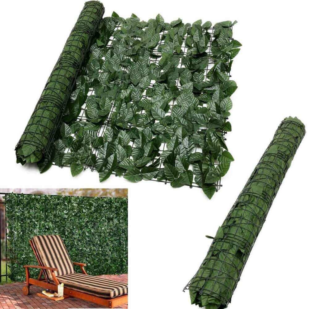 Artificial green leafy screen with rolls and a setup example on a white background