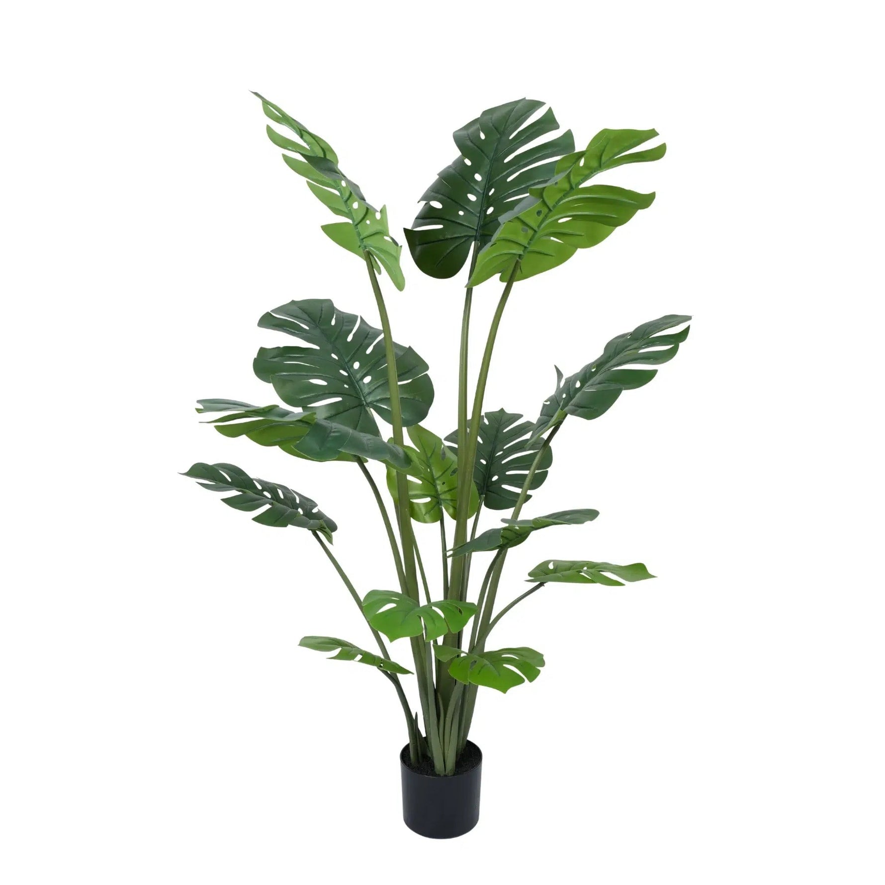 Artificial potted plant with large green leaves on a white background