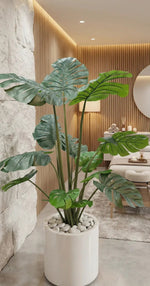 Potted plant in a modern indoor setting with a neutral color palette