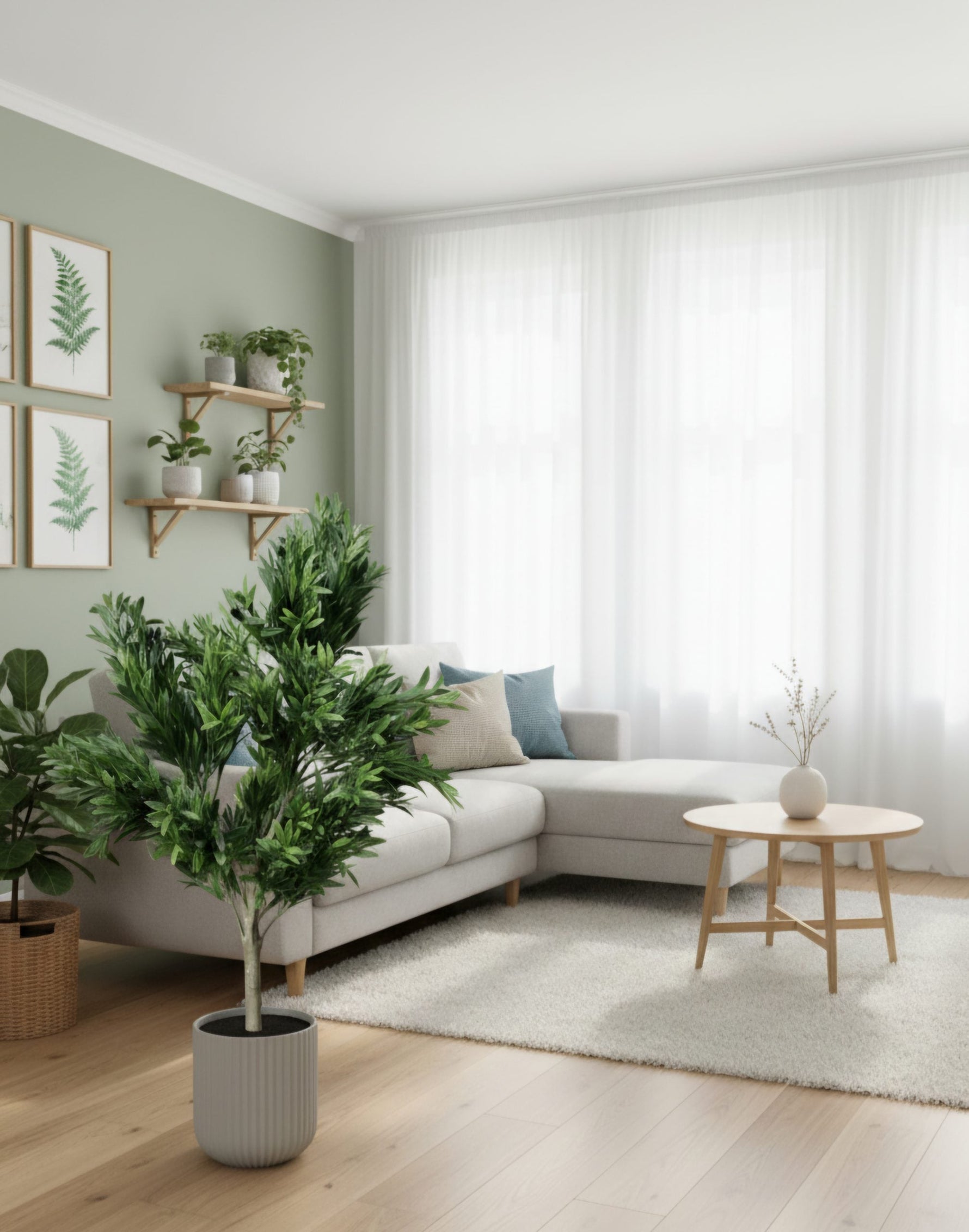 Modern living room with a white sofa, potted plants, and a small round table.