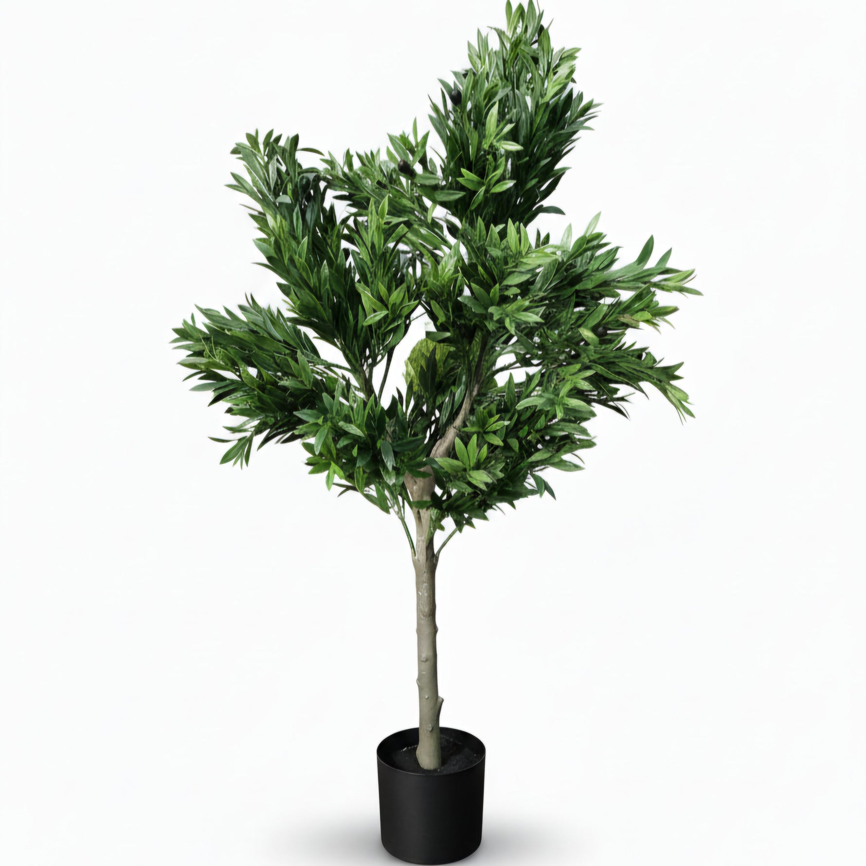 Potted artificial olive tree on a white background