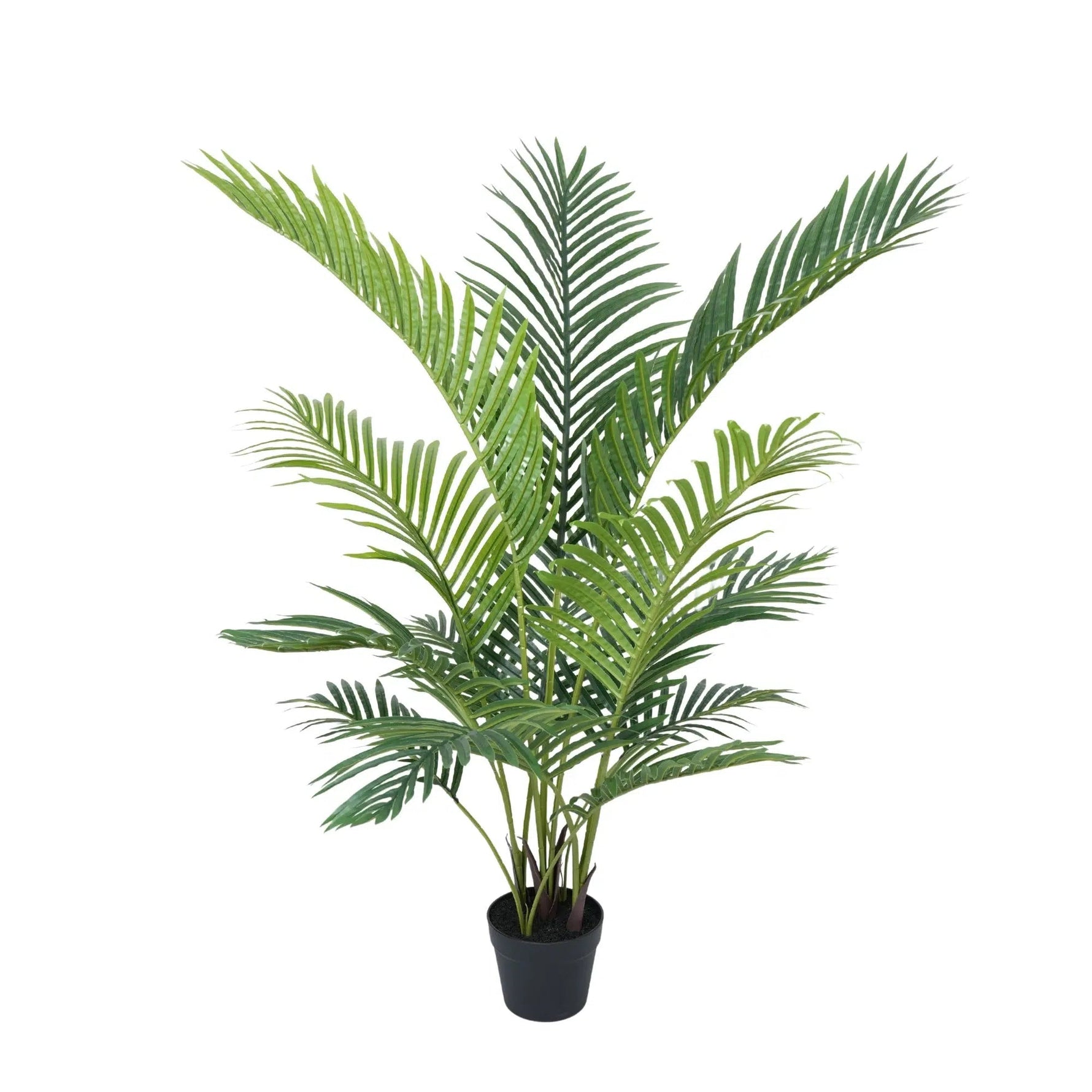 Potted artificial palm plant on a white background