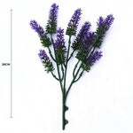 Artificial lavender branch with purple flowers on a white background, showing measurement of 26cm.